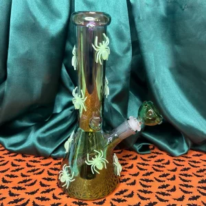 10-Inch Glow In The Dark Spiders Iridescent Glass Water Pipe/Bong