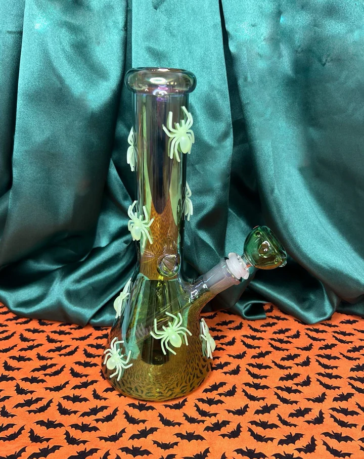 10-Inch Glow In The Dark Spiders Iridescent Glass Water Pipe/Bong