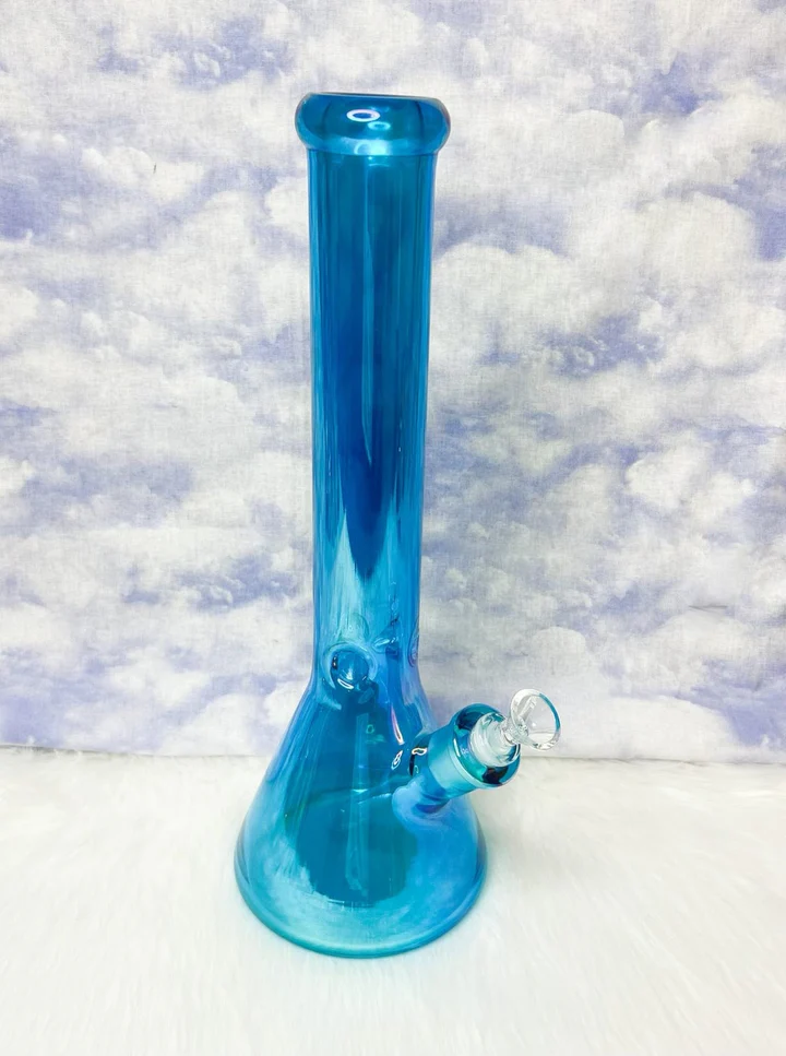 16-Inch Neon Blue Iridescent Glass Water Pipe/Bong