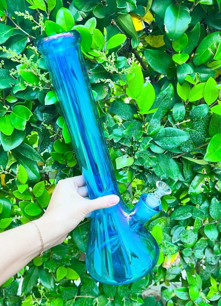 16-Inch Neon Blue Iridescent Glass Water Pipe/Bong