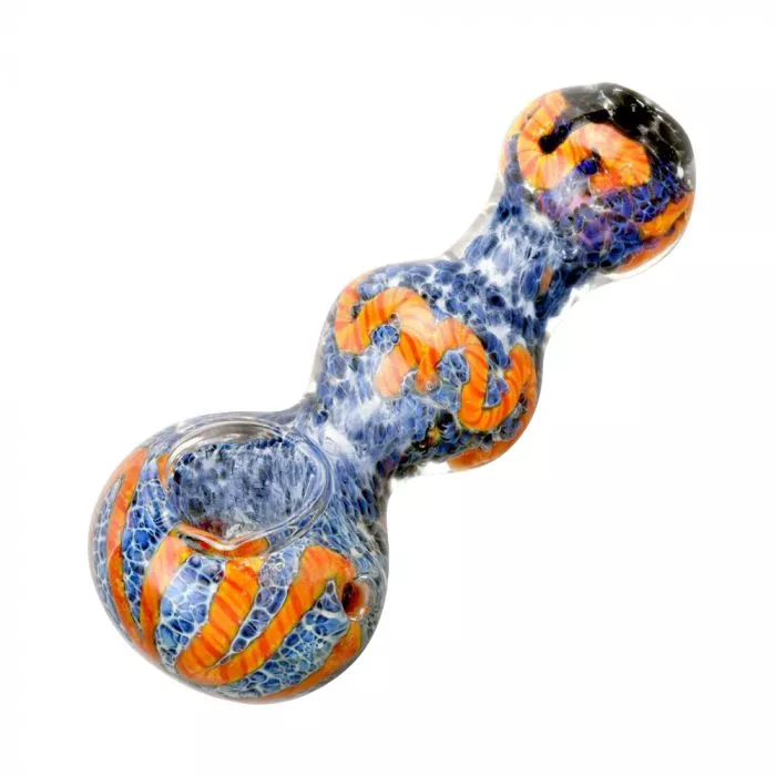 3.5" Fritted Squiggle Spoon Glass Pipe – Blue & Orange, Borosilicate Glass