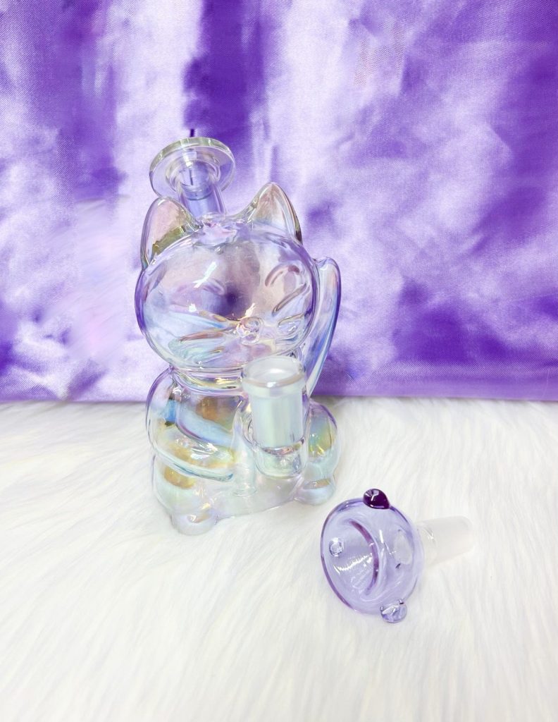 6-Inch Iridescent Lucky Cat Glass Water Pipe/Dab Rig