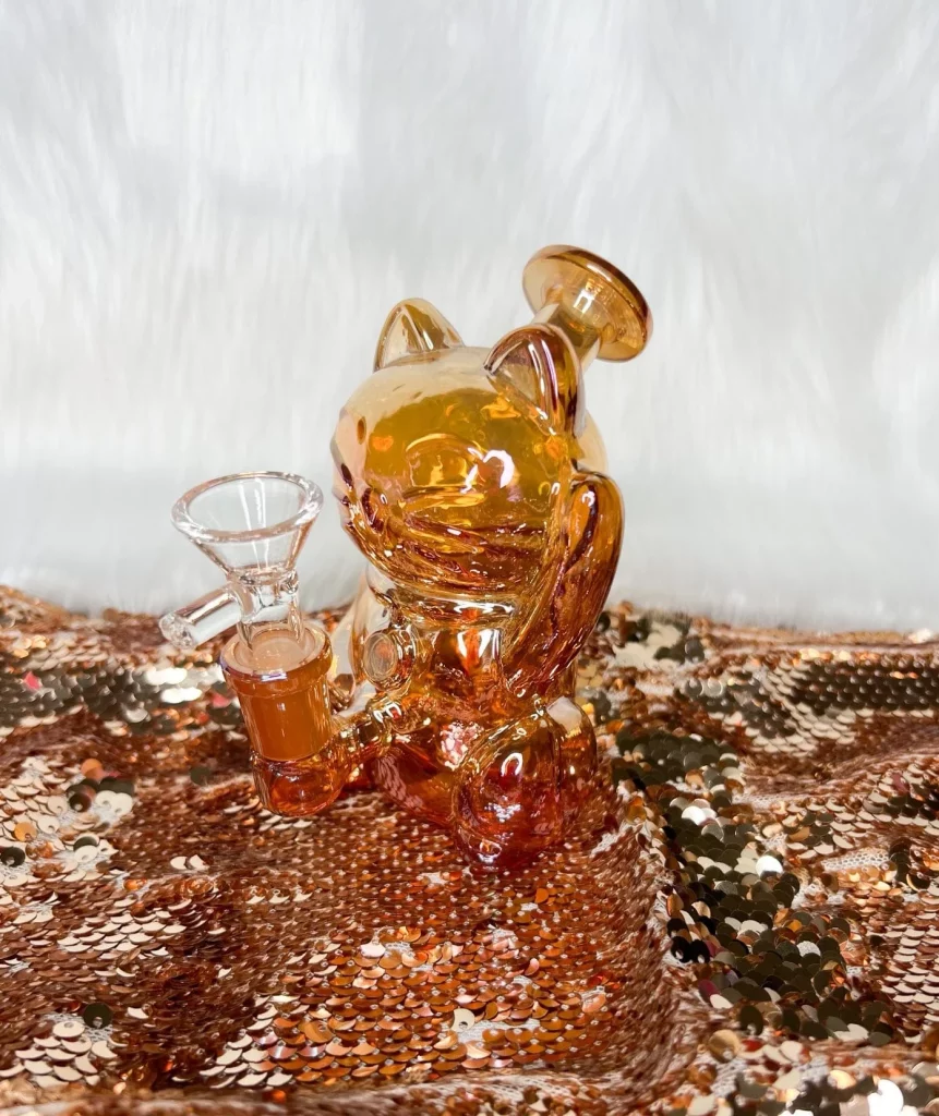 6-Inch Iridescent Lucky Cat Glass Water Pipe/Dab Rig