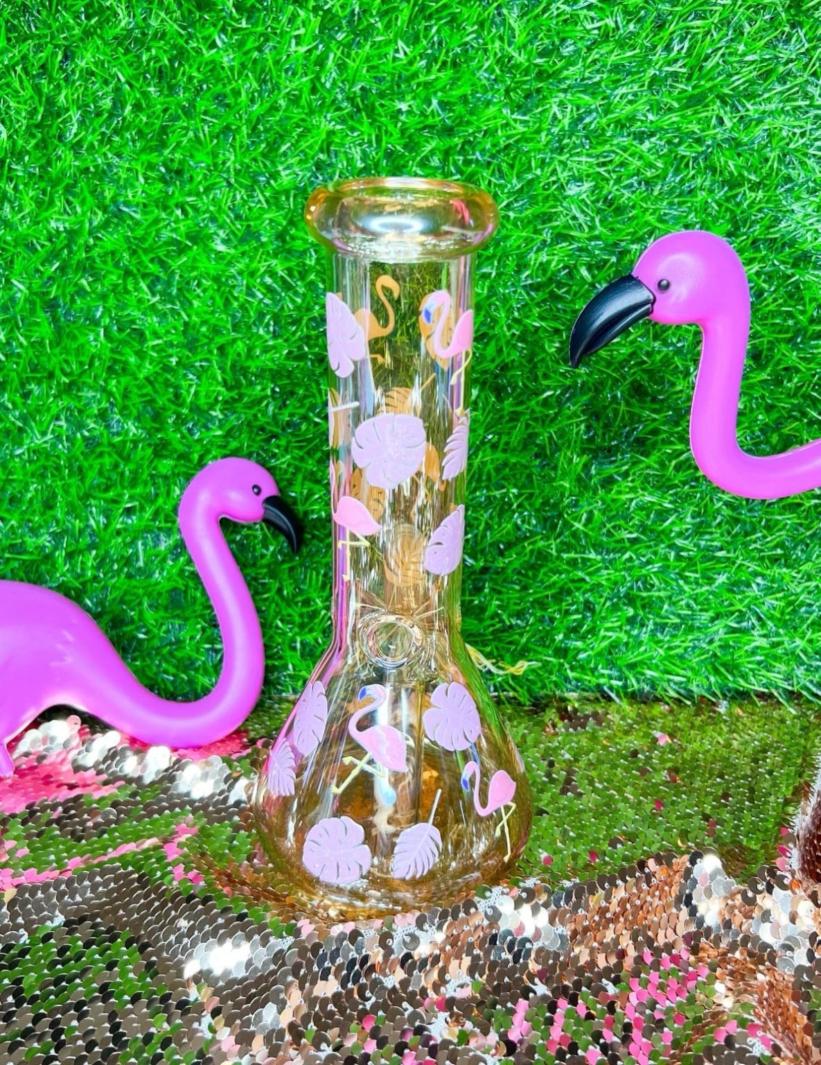 8 inch gold iridescent flamingo glass water pipe bong