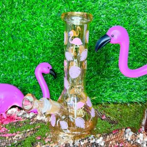 8-Inch Gold Iridescent Flamingo Glass Water Pipe/Bong