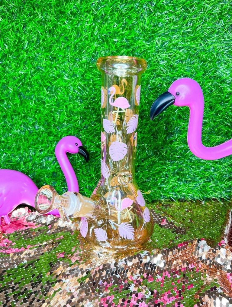 8-Inch Gold Iridescent Flamingo Glass Water Pipe/Bong