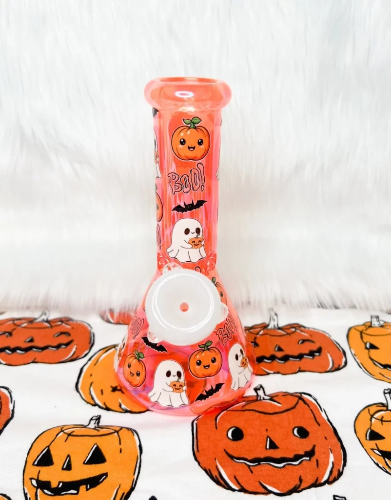 8-Inch Iridescent Orange Pumpkins & Ghosts Glass Water Pipe/Bong