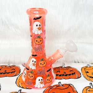 8-Inch Iridescent Orange Pumpkins & Ghosts Glass Water Pipe/Bong