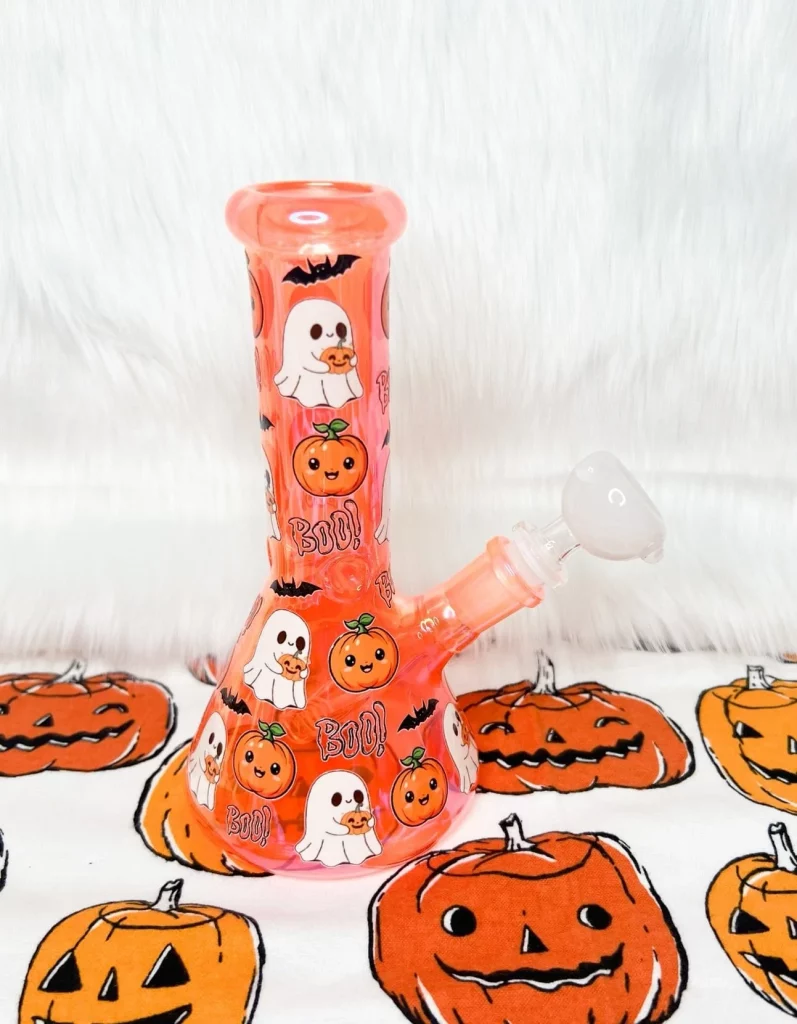 8-Inch Iridescent Orange Pumpkins & Ghosts Glass Water Pipe/Bong