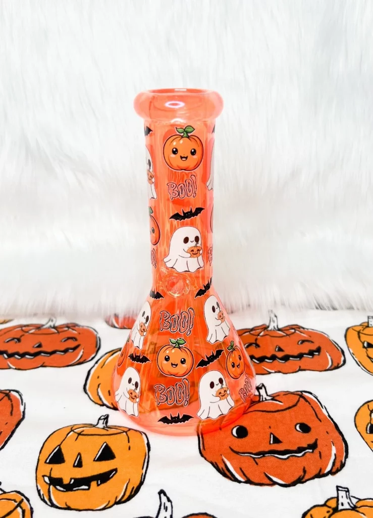 8-Inch Iridescent Orange Pumpkins & Ghosts Glass Water Pipe/Bong