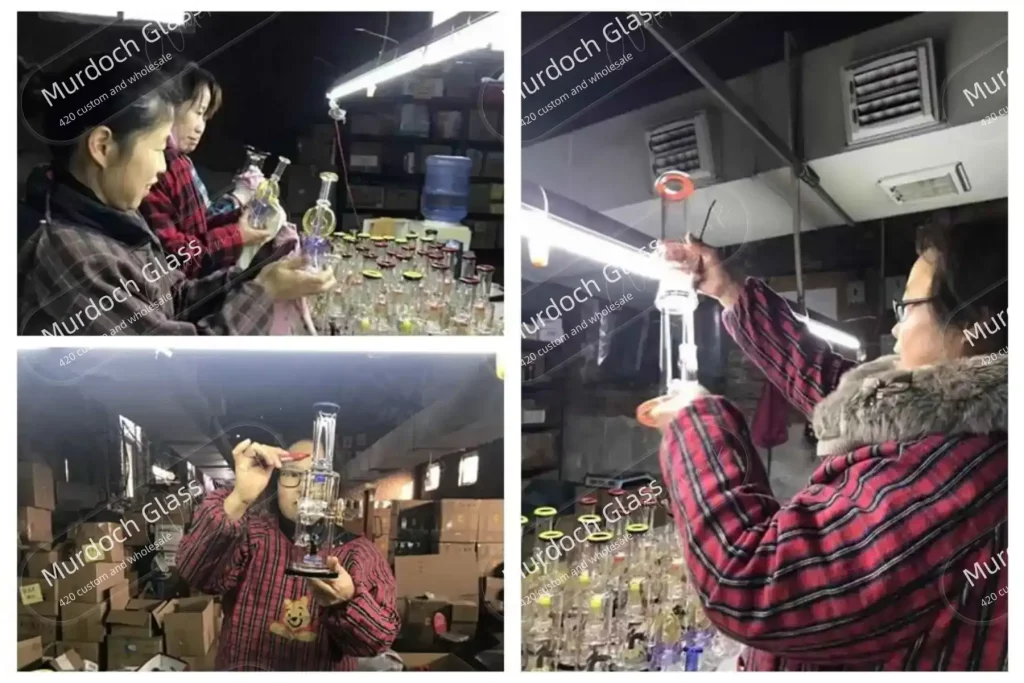 
Before packaging, workers inspect each bong under the lights to make sure every piece is flawless before it ships out.