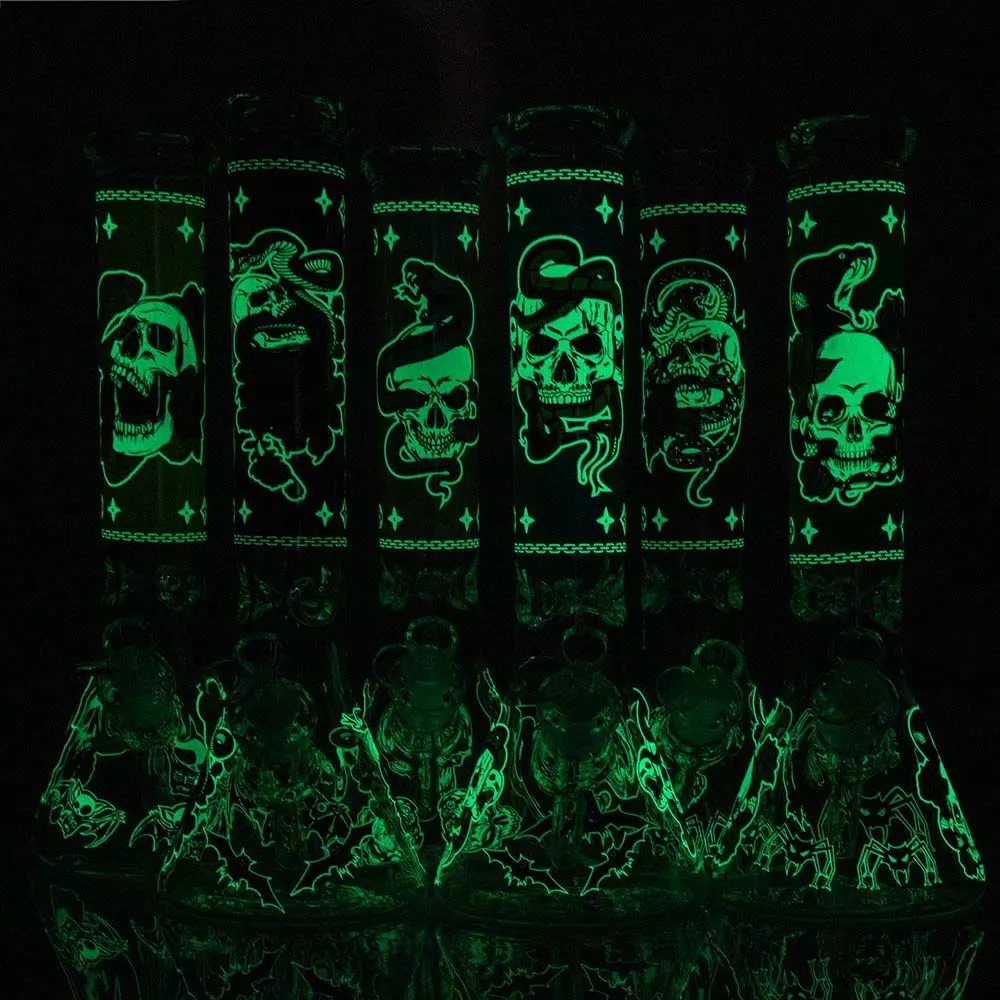 Beaker Bong with Glow-in-the-Dark Snake and Skull Print