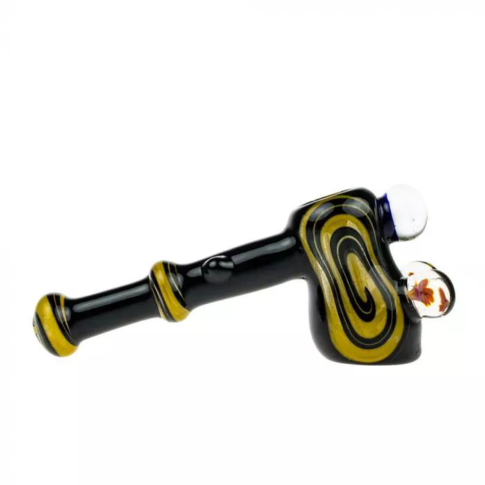 Glass Hammer Bubbler Pipe - Black and Yellow with Three Large Marbles