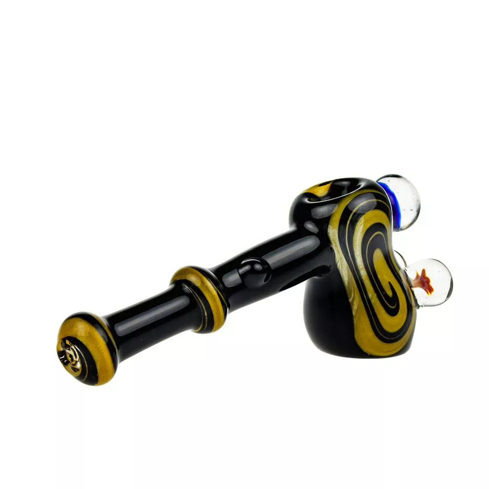 Glass Hammer Bubbler Pipe - Black and Yellow with Three Large Marbles