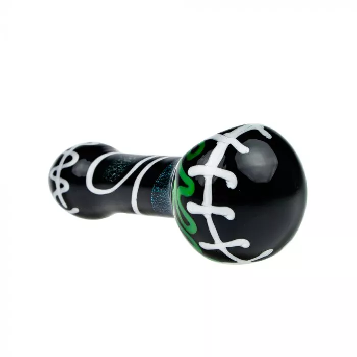 Glass Spoon Pipe - Black Glass with Color Artwork and Dichro Stripe