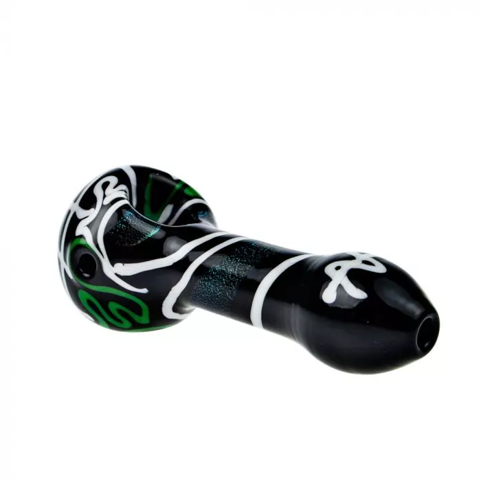 Glass Spoon Pipe - Black Glass with Color Artwork and Dichro Stripe