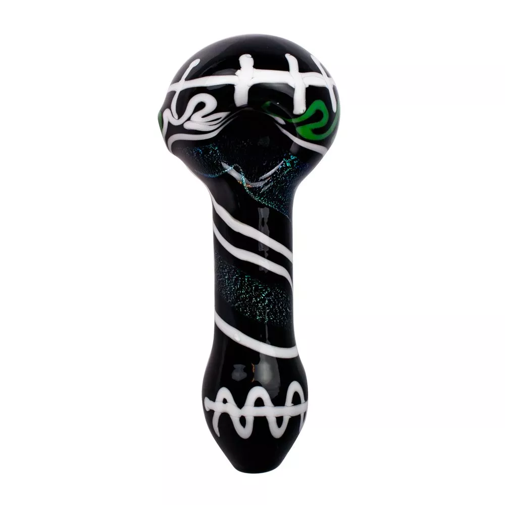 Glass Spoon Pipe - Black Glass with Color Artwork and Dichro Stripe