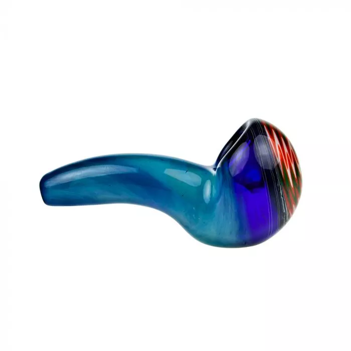 Glass Spoon Pipe – Blue with Green, Orange, and White Hurricane Bowl