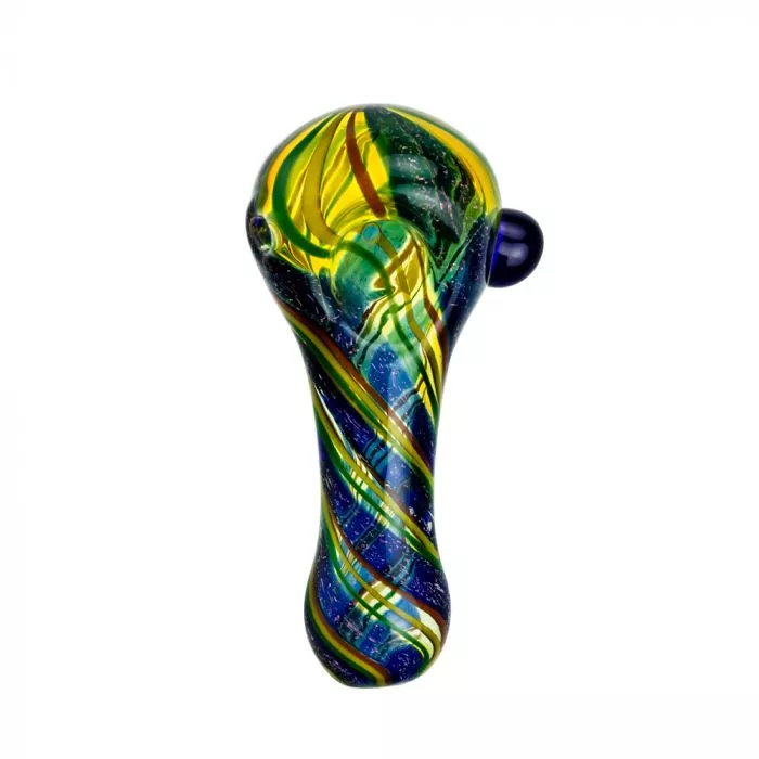 Glass Spoon Pipe - Color Stripes and Blue Dichro on Clear Glass