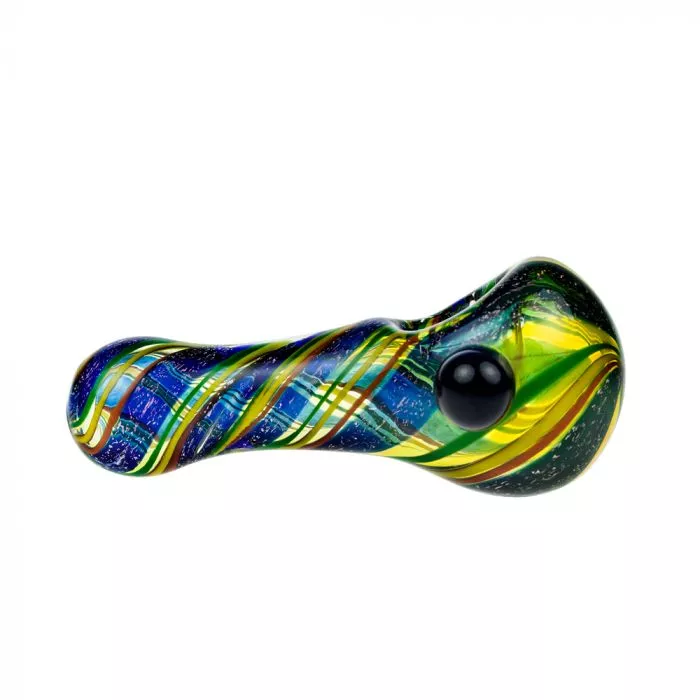 Glass Spoon Pipe - Color Stripes and Blue Dichro on Clear Glass