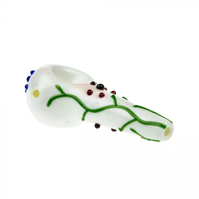 Glass Spoon Pipe - White Glass with Abstract Grapevine Design