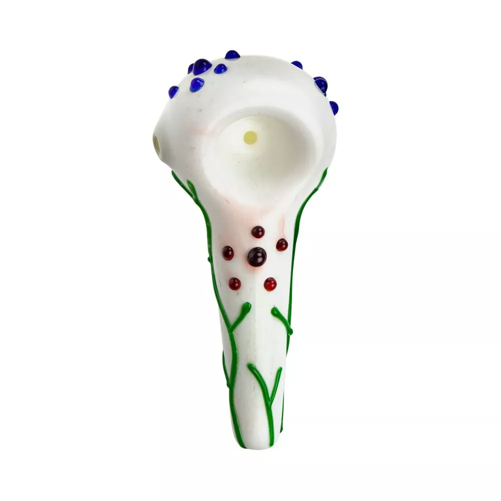 Glass Spoon Pipe - White Glass with Abstract Grapevine Design