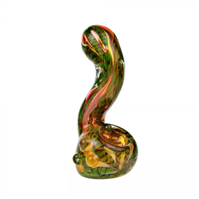 Glass Stand-Up Sherlock Pipe - Fumed with Striped Color Rod and Clear Marbles